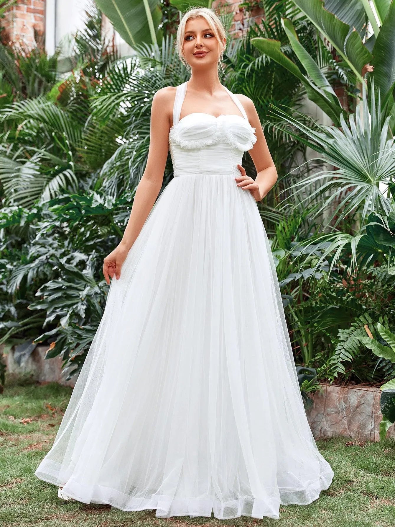 Halter Neck Applique Ruched Bustier Mesh Wedding Dress - Elonnashop