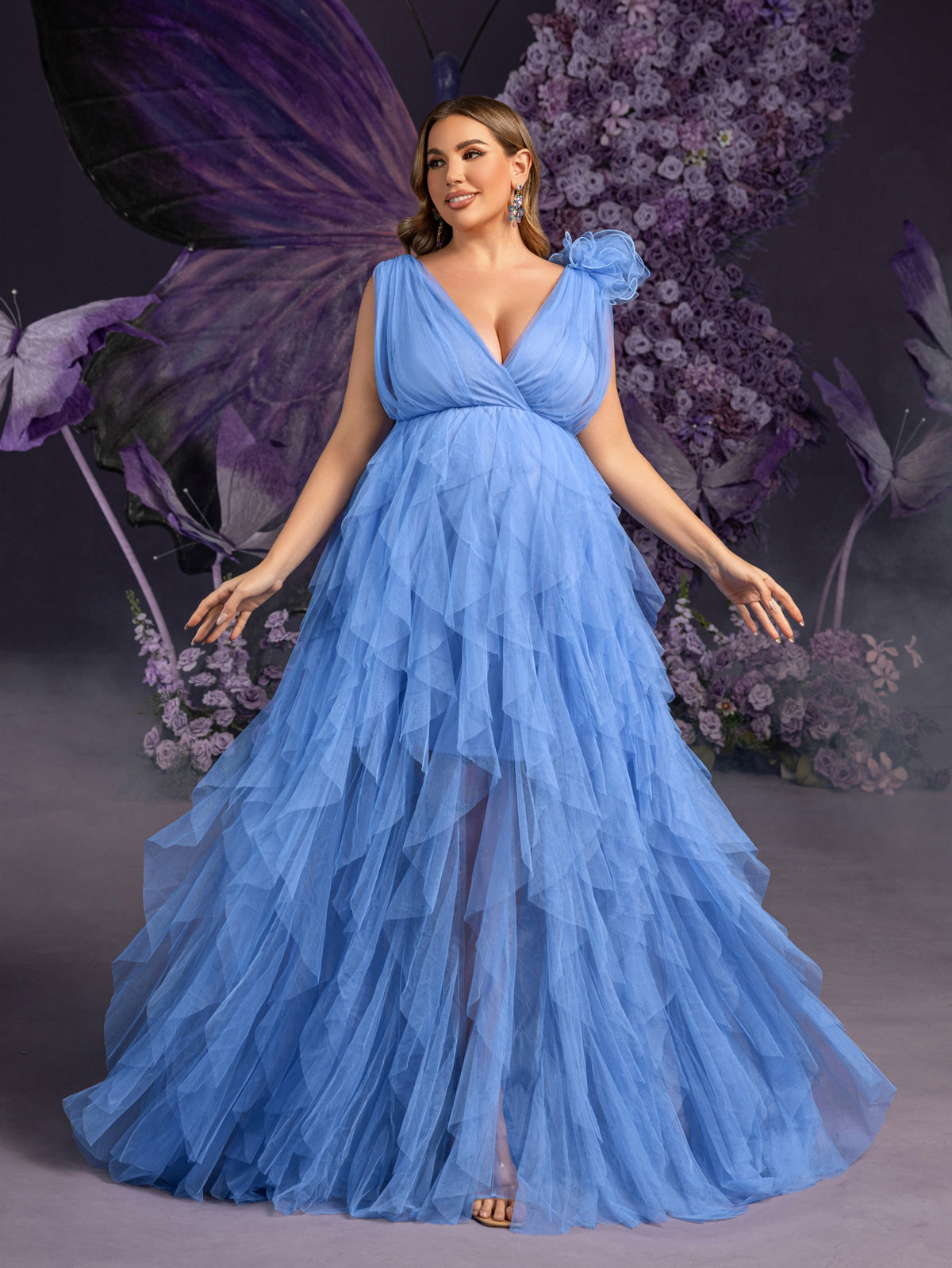 Plus Maternity Plunging Neck Stereo Flower Mesh Overlay Party Dress