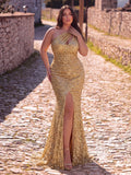 Plus Elegant One Shoulder Split Thigh Sequin Mermaid Hem Evening Dress