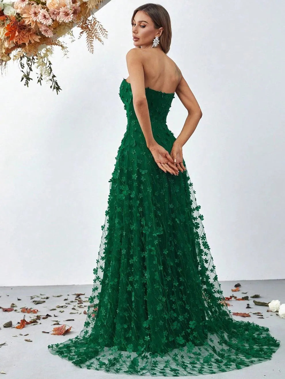 Elegant Floral Appliques Split Thigh Tube Dresses - Elonnashop