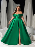 Plus Women's Satin Off-Shoulder Evening Dress | High Slit & Back Lacing Gown