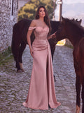 Elegant Asymmetrical Neck Split Mermaid Hem Satin Evening Dress