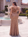 Plus Mesh Insert Ruffle Trim Split Sequin Prom Dress