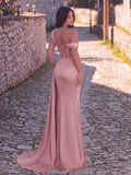 Elegant Asymmetrical Neck Split Mermaid Hem Satin Evening Dress