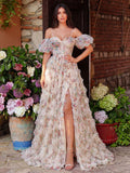 Floral Tulle Off Shoulder Cascading Ruffle Hem Slip Prom Dress