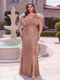 Plus Mesh Insert Ruffle Trim Split Sequin Prom Dress