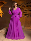 Plus Surplice Neck Long Sleeves Swiss Dot Belted Chiffon Party Dress