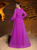 Plus Surplice Neck Long Sleeves Swiss Dot Belted Chiffon Party Dress