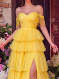Gorgeous Fringed Detail Off Shoulder Layered Hem Tulle Prom Dress