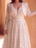 Plus Elegant Plunging Neck Lace Wedding Dress Two Pieces Set