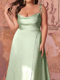 Plus Satin Spaghetti Straps Formal Evening Dress with High Slit