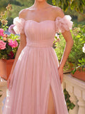 Elegant Off Shoulder Ruched Bust Split Thigh Tulle Evening Dress