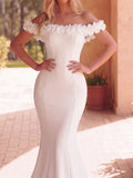 Ruffle Trim Off Shoulder Mermaid Hem Wedding Dress