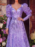 Luxury Plunging Neck Gigot Sleeves Graphic Sequin Prom Dress