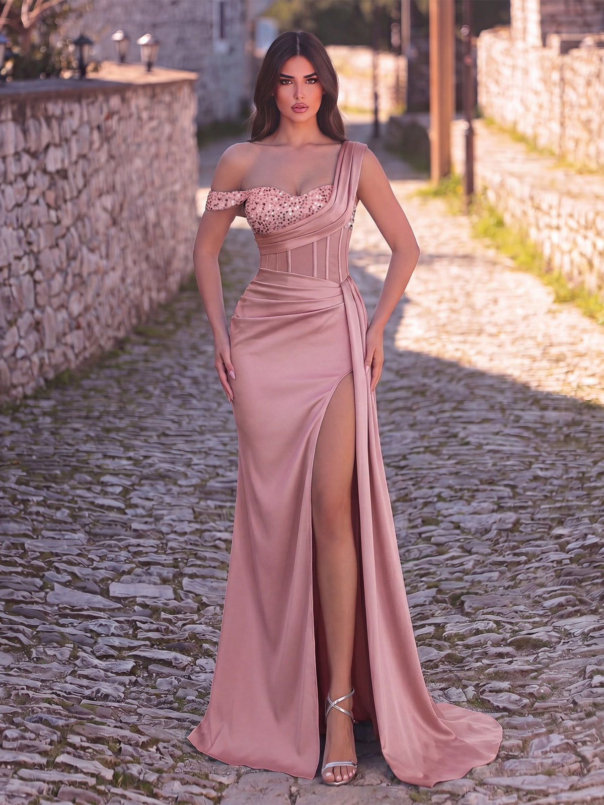 Elegant Asymmetrical Neck Split Mermaid Hem Satin Evening Dress