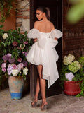 Floral Applique Off Shoulder Balloon Hem Mini Dress