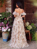 Floral Tulle Off Shoulder Cascading Ruffle Hem Slip Prom Dress