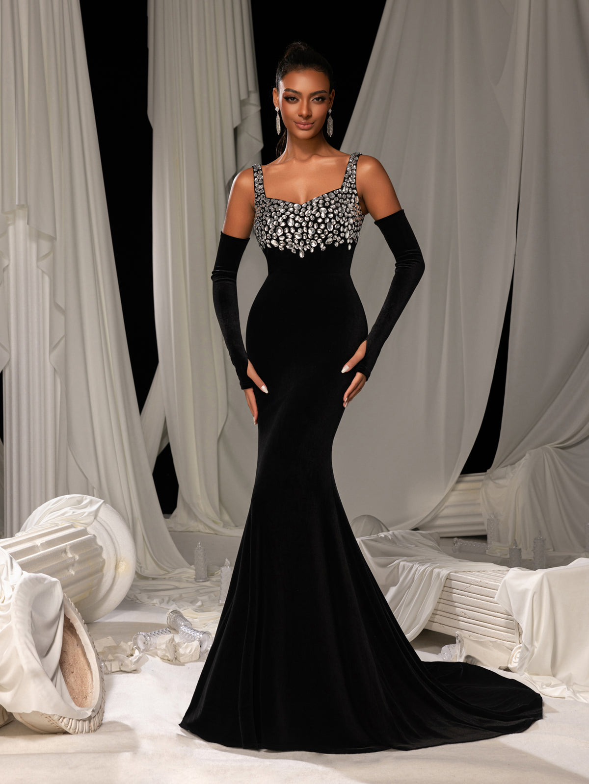 Vintage Velvet Mermaid Gown with Sweetheart Neckline, Sparkling Embellishments