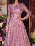 Gorgeous Diagonal Neckline 3/4 Sleeves Beaded Sequin Formal Dress