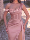 Elegant Asymmetrical Neck Split Mermaid Hem Satin Evening Dress