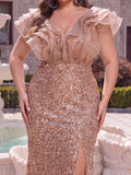 Plus Mesh Insert Ruffle Trim Split Sequin Prom Dress