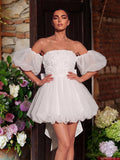 Floral Applique Off Shoulder Balloon Hem Mini Dress