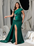 Plus Asymmetric One-Shoulder Satin Mermaid Gown with Floral Rhinestone & High Slit