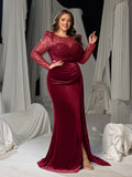 Plus Luxury Formal Gown with Sequin Bodice, Puffed Sleeves, Velvet High-Slit Skirt