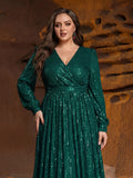 Plus V Neck Lantern Sleeve Sequin A Line Dresses
