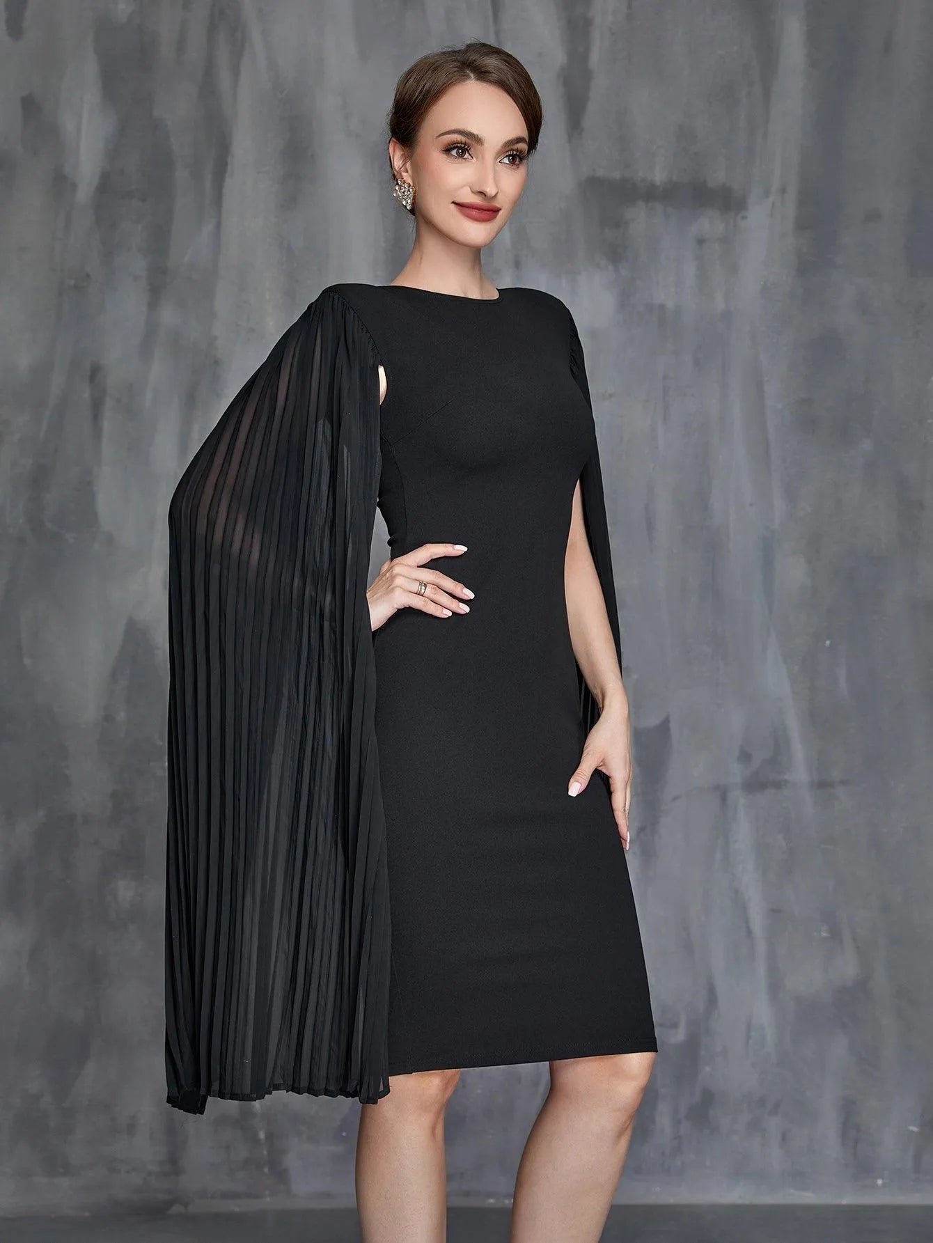 Womens' Pleated Cloak Sleeves Midi Dress - Elonnashop