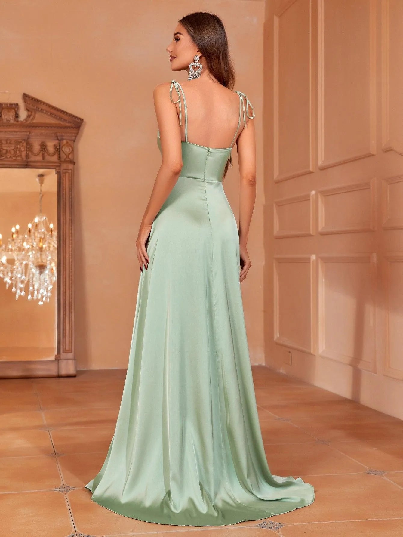 Elegant Tie Shoulder Satin Bridesmaid Dress - Elonnashop