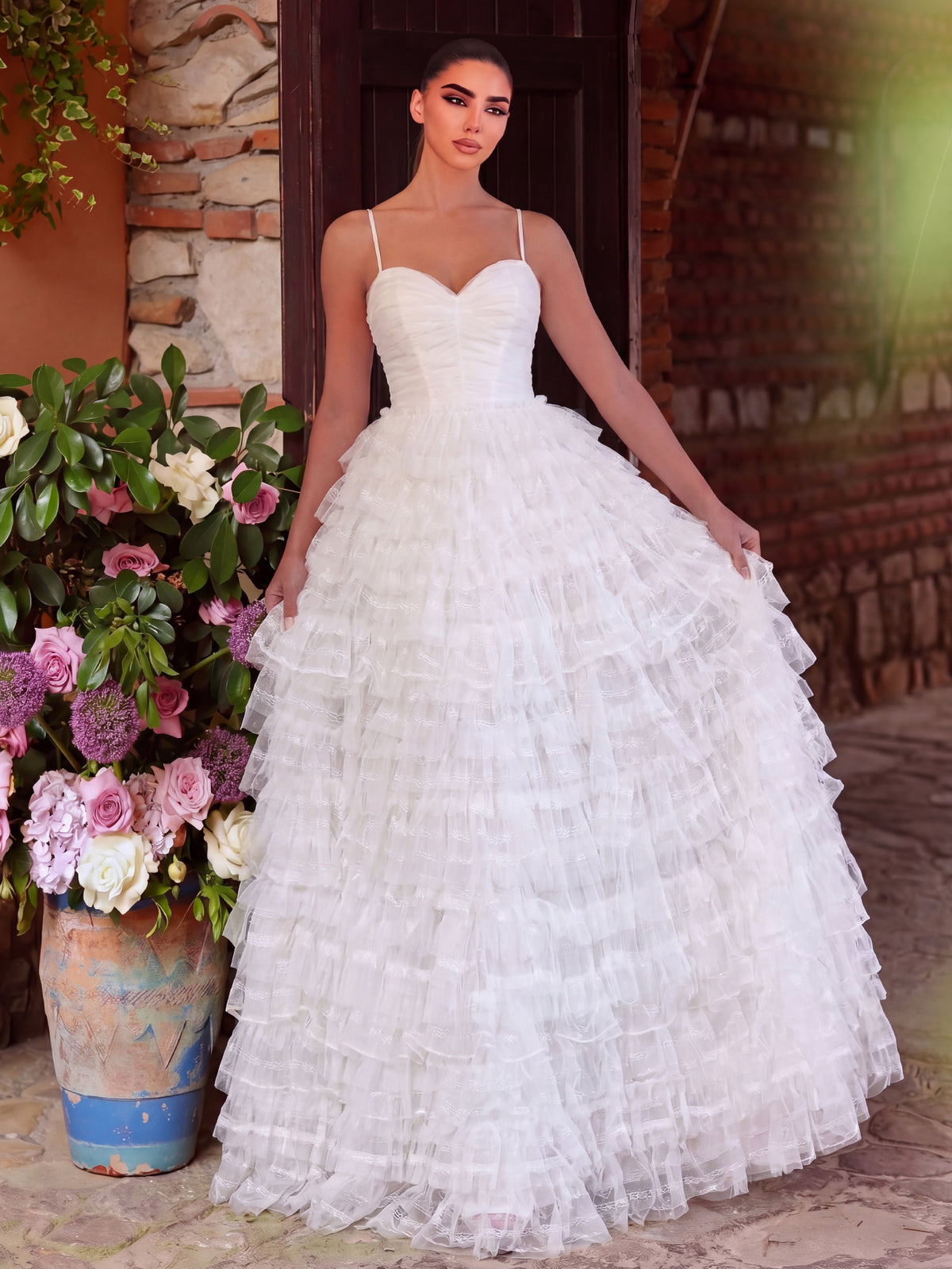 Gorgeous Lace Up Back Cascading Ruffle Hem Slip Wedding Dress
