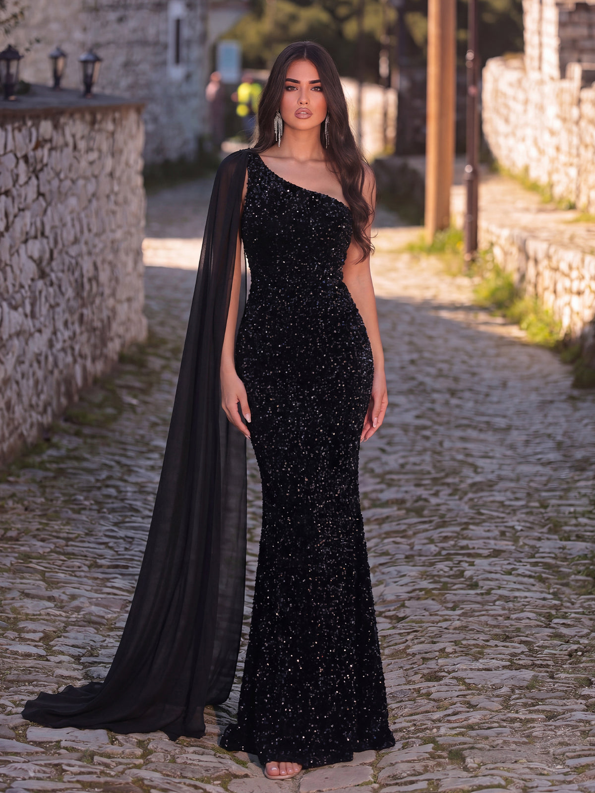 Elegant Sequin One Shoulder Sash Prom Dresses