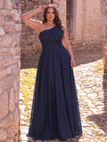 Plus One-Shoulder Evening Gown | Flowy A-Line Skirt, Open Back | Formal Maxi Dress for Galas, Weddings, Prom
