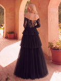 Gorgeous Off Shoulder Lace Bodice Layered Tulle Hem Wedding Dress
