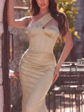 Elegant One Shoulder Mermaid Hem Satin Evening Dress with Pearl Accents