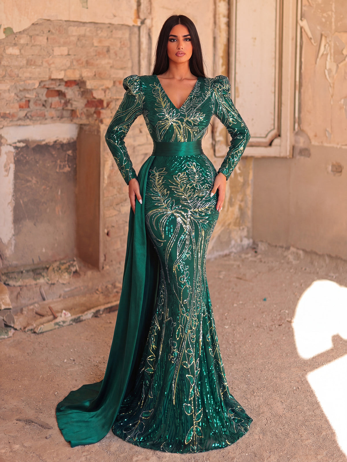 Elegant Sequin Embroidered V-Neck Mermaid Gown | Long Sleeve with Wide Belt & Sweep Train