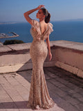 Mesh Insert Ruffle Trim Split Sequin Mermaid Dress