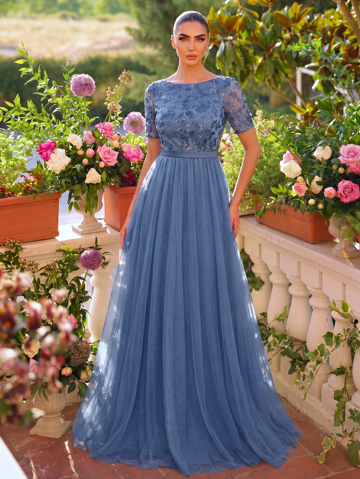 Elegant Sequin Bodice Contrast Mesh Hem Evening Dress
