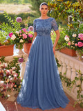 Elegant Sequin Bodice Contrast Mesh Hem Evening Dress