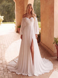 Off Shoulder Lantern Sleeves Chiffon Wedding Dress