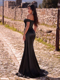Elegant Satin Off-Shoulder Mermaid Gown | Sculpted Ruching & High Thigh Slit