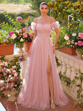 Elegant Off Shoulder Ruched Bust Split Thigh Tulle Evening Dress