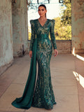 Elegant Sequin Embroidered V-Neck Mermaid Gown | Long Sleeve with Wide Belt & Sweep Train