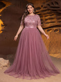 Plus-size Boat Neck Gown with Floral Sequin Embroidered Bodice & Tulle Skirt