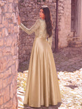 Elegant V-Neck Long Sleeve Evening Gown with Puffed Sleeve Detailing, Sequin Beaded Embellishments, Thin Waist Belt & Satin A-Line Skirt | Elegant Formal Dress for Special Occasions