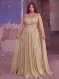 Plus Off-Shoulder Sequined Gown with Flowing Cape – Luxury Evening Wear for Weddings or Red Carpet Events, 1XL-5XL