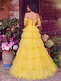 Gorgeous Fringed Detail Off Shoulder Layered Hem Tulle Prom Dress