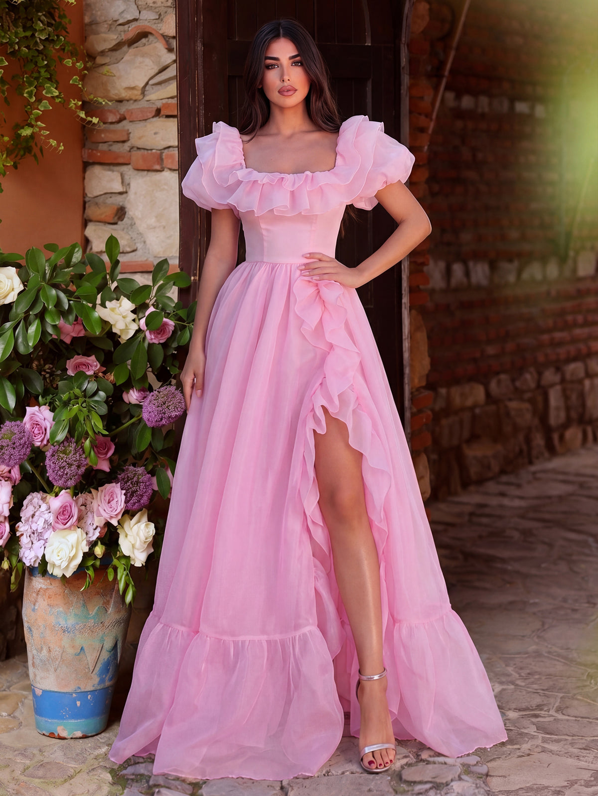 Elegant Ruffle Trim Puff Sleeves Organza Dress