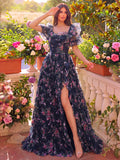 Elegant Ruffle Trim Puff Sleeves Floral Organza Prom Dress
